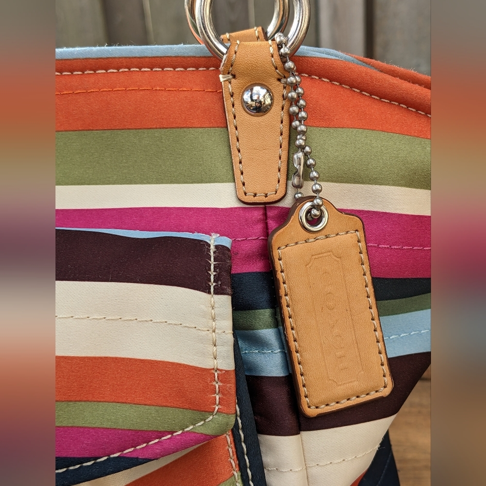 Coach Pink and Blue Striped Tote Bag with Leather Accents